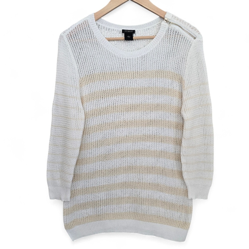 Ann Taylor Sweater Womens Large White Shoulder Zip Open Knit Casual Ladies‎